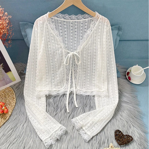 Sheer Lace Cardigan with Lace Trim Tie Front Long Sleeve Crop Top Women Openwork Floral Shrug Summer Fairycore Outfit