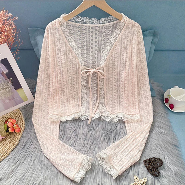 Sheer Lace Cardigan with Lace Trim Tie Front Long Sleeve Crop Top Women Openwork Floral Shrug Summer Fairycore Outfit