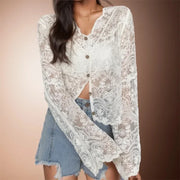 Women Summer Sexy Lace Hollow Transparent T-shirts Solid Buttons Up Cardigan Flare Sleeve TeeV-Neck Ruffles Sweet Shirt Spring