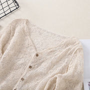 Women Summer Sexy Lace Hollow Transparent T-shirts Solid Buttons Up Cardigan Flare Sleeve TeeV-Neck Ruffles Sweet Shirt Spring