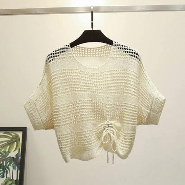 Women's Hollow Out Blouse with Bat Sleeve Drawstring Top, Summer Ice Shawl, Sunscreen Blouse, New, 2024