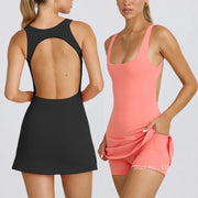 Tennis Dress Women Quick Dry Backless Golf Sport Skirts Set Sleeveless Slim Fitness Yoga Dress with Inner Shorts Sportswear