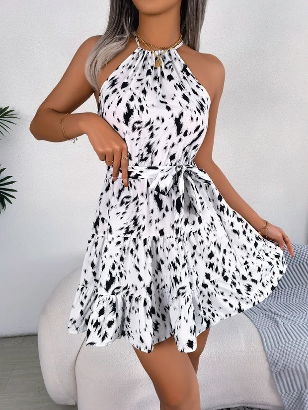 Ins Style Spring Summer Casual Leopard Print Ruffle Hem Halter Dress for Women Fashionable Sleeveless Beachwear