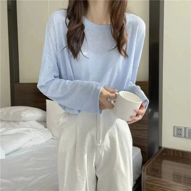 Long Sleeve Thin Crop Top Summer Knitted Ice Silk Sunscreen Blouse Women's Fashion Loose White Tops Korean Expose Navel Y2k Tee