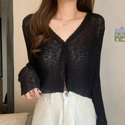 JOEVILU Thin Sunscreen Shirt Women's Summer Outerwear Crop Tops Hollow Out White Long-sleeved Cardigan Elegant Casual Shawl Coat