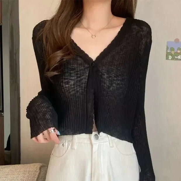 JOEVILU Thin Sunscreen Shirt Women's Summer Outerwear Crop Tops Hollow Out White Long-sleeved Cardigan Elegant Casual Shawl Coat