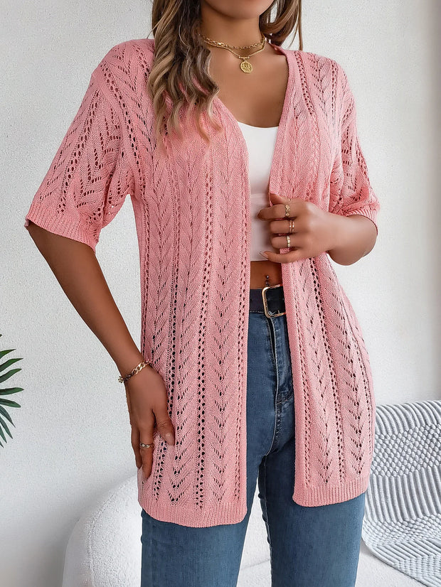 Ins Style 2025 Summer Hollow Out Short Sleeve Knit Cardigan Vacation Sunscreen Shirt for Women Lightweight Beachwear Top
