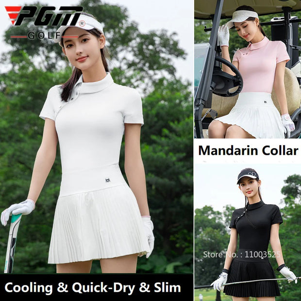 Pgm New Chinese Shirt for Women Summer Retro Stand-up Collar Golf Tops Lady Short-sleeved Chic Golf Shirt Quick-Dry Slim Tee