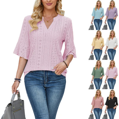 2025 Spring Summer New Solid Color Loose Fit Short Sleeve Casual T Shirt Top for Women