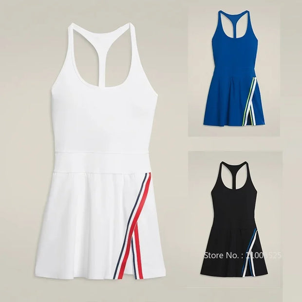 Womens Strap Tennis Dress Sleeveless Split Workout Dresses Built-in Bra Ladies Backless Round Neck Active Golf Skirts