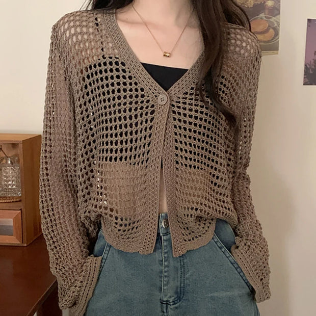Women Solid Casual Loose Beach Tops Sexy Hollow Out Knit Shirt V-Neck Long Sleeved Cardigan T-shirt Women Spring Summer