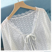 Sheer Lace Cardigan with Lace Trim Tie Front Long Sleeve Crop Top Women Openwork Floral Shrug Summer Fairycore Outfit