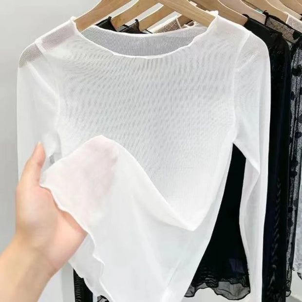 Ice Gauze Bottom Blouse Women Summer Transparent Sunscreen Sand T-shirt Long-sleeved Perspective Skin Coat Lace Top