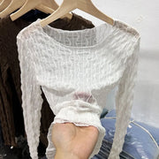 Mesh Mask T-shirt Women Autumn Thin Korean Design Chic Top Mature Versatile Collarbone Base Coat