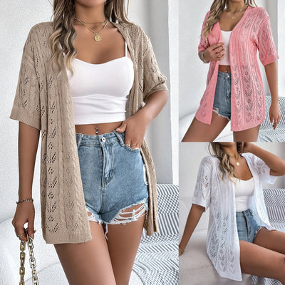 2025 Spring Summer Hollow Out Short Sleeve Knit Cardigan Vacation Sunscreen Shirt for Women Lightweight Beachwear Top