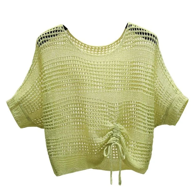 Women's Hollow Out Blouse with Bat Sleeve Drawstring Top, Summer Ice Shawl, Sunscreen Blouse, New, 2024