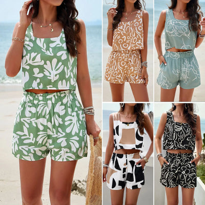 2025 Spring Summer New Women's Elegant Casual Printed Tank Top and Shorts Set Fashionable Outfit Two Piece Set