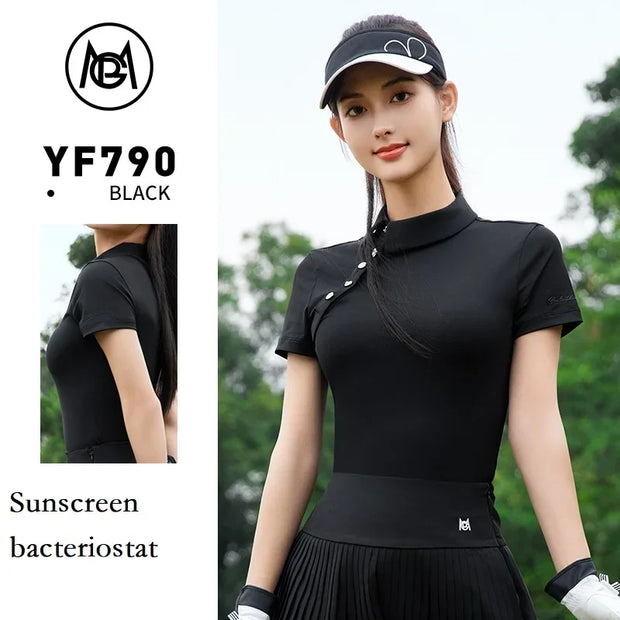 Pgm New Chinese Shirt for Women Summer Retro Stand-up Collar Golf Tops Lady Short-sleeved Chic Golf Shirt Quick-Dry Slim Tee