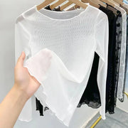 Ice Gauze Bottom Blouse Women Summer Transparent Sunscreen Sand T-shirt Long-sleeved Perspective Skin Coat Lace Top