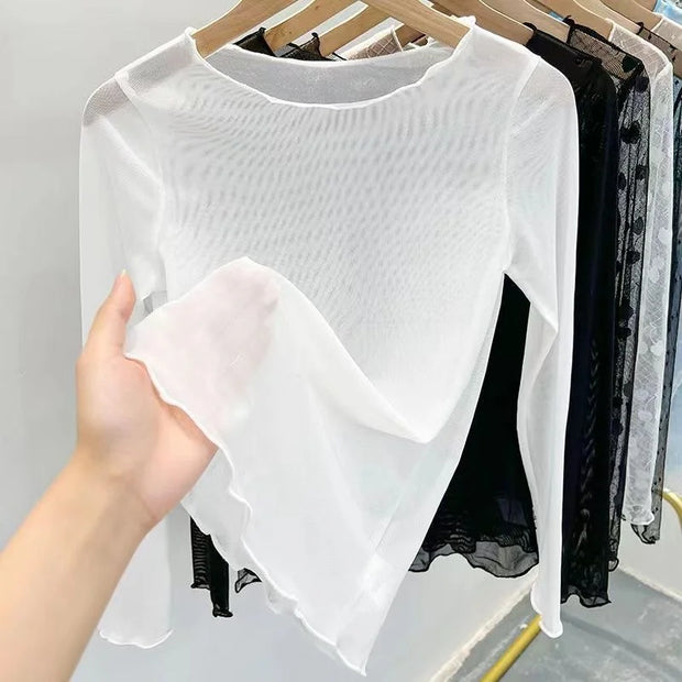 Ice Gauze Bottom Blouse Women Summer Transparent Sunscreen Sand T-shirt Long-sleeved Perspective Skin Coat Lace Top