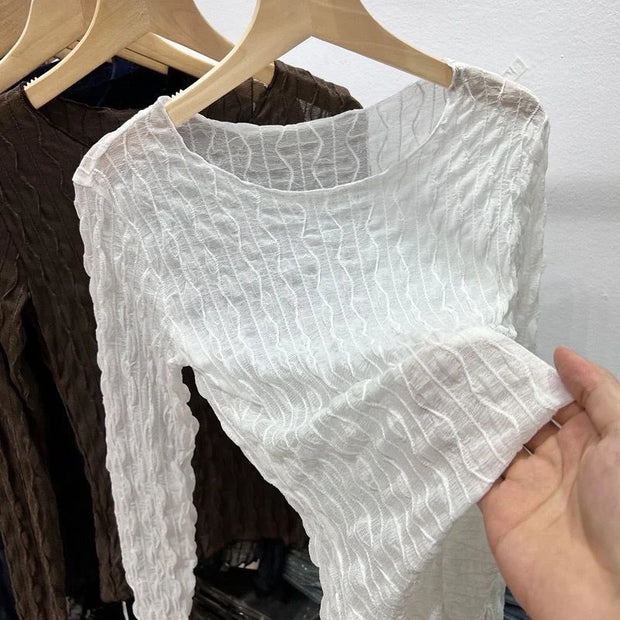 Mesh Mask T-shirt Women Autumn Thin Korean Design Chic Top Mature Versatile Collarbone Base Coat