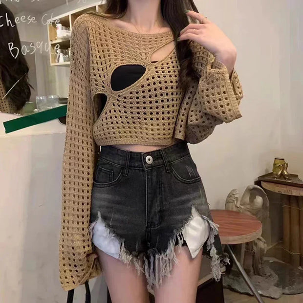 Women Sexy Hollow Out Knitting Tops O-Neck Chic Long Sleeved Knit Shirt Casual Beach Slim Shirt For Women 2025 Spring Summer