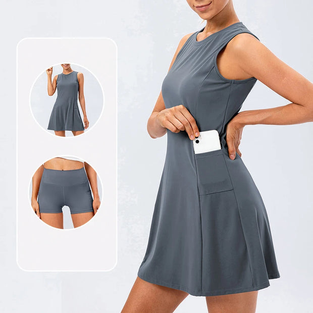 Tennis Dress Women With Separate Shorts Sleeveless Golf Sport Skirts Set with Pockets Training Running Fitness Female Badminton