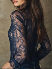 Sexy V Neck Women Shirt Fashion Elegant Paisley Print Lace Trim Long Sleeve Sheer Tops Blouses Casual Streetwear Female Clothing