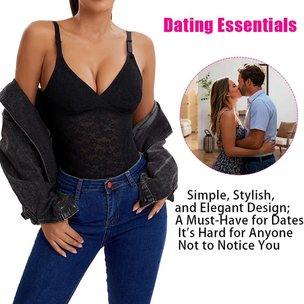 V-Neck Lace Thong Bodysuit Women Sexy Shapewear Top Tummy Control Waist Trainer Body Shaper Removable Chest Pad Slimming Corset