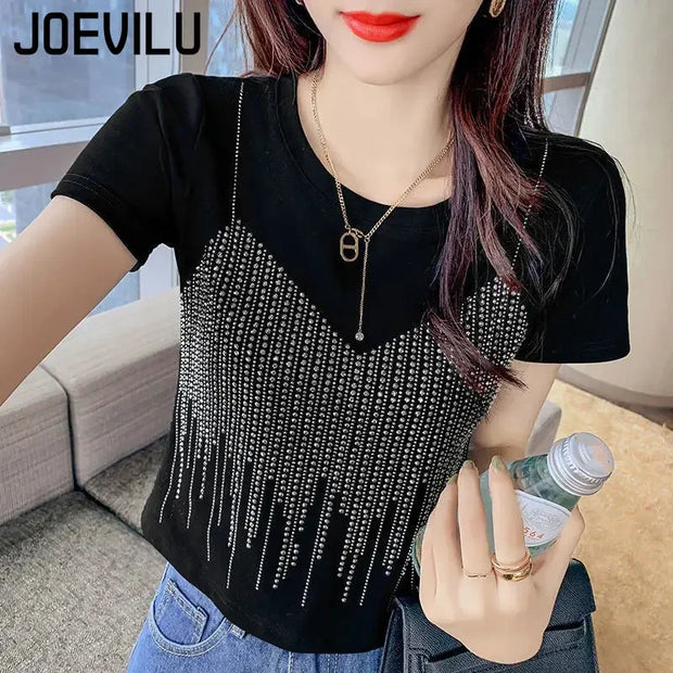 Diamond Short Sleeve T Shirt Female Slim Fit Fake Two Shiny Round Neck Top Summer Casual Aesthetic Y2k Tee Korean Kawaii Clothes