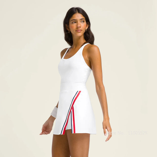 Womens Strap Tennis Dress Sleeveless Split Workout Dresses Built-in Bra Ladies Backless Round Neck Active Golf Skirts