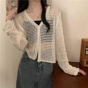 Women Solid Casual Loose Beach Tops Sexy Hollow Out Knit Shirt V-Neck Long Sleeved Cardigan T-shirt Women Spring Summer