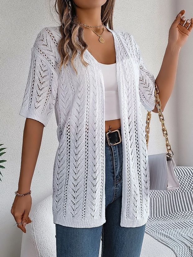 Ins Style 2025 Summer Hollow Out Short Sleeve Knit Cardigan Vacation Sunscreen Shirt for Women Lightweight Beachwear Top