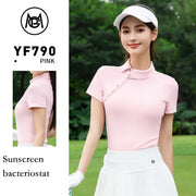 Pgm New Chinese Shirt for Women Summer Retro Stand-up Collar Golf Tops Lady Short-sleeved Chic Golf Shirt Quick-Dry Slim Tee