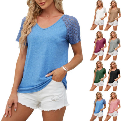 2025 Spring Summer New Women’s Patchwork Mesh Short Sleeve Top Solid Color Casual Loose T Shirt