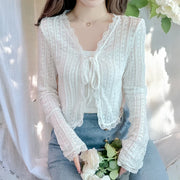 Sheer Lace Cardigan with Lace Trim Tie Front Long Sleeve Crop Top Women Openwork Floral Shrug Summer Fairycore Outfit