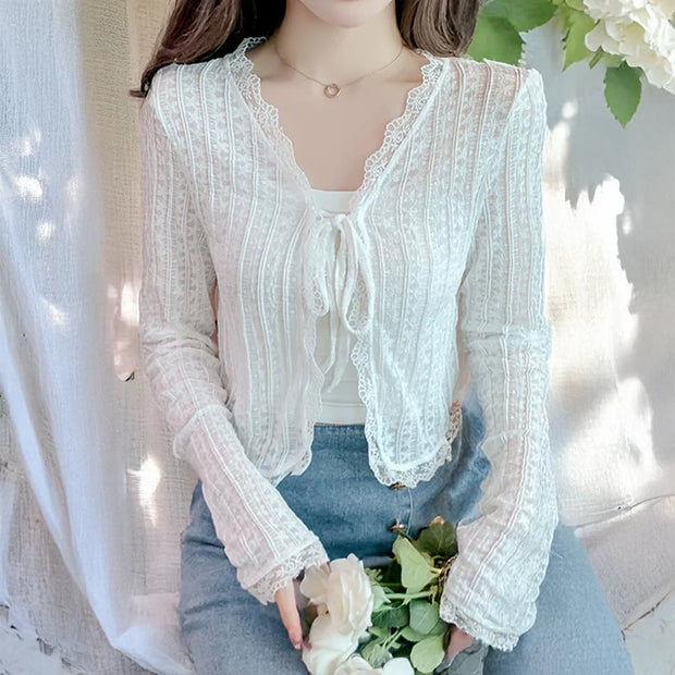 Sheer Lace Cardigan with Lace Trim Tie Front Long Sleeve Crop Top Women Openwork Floral Shrug Summer Fairycore Outfit