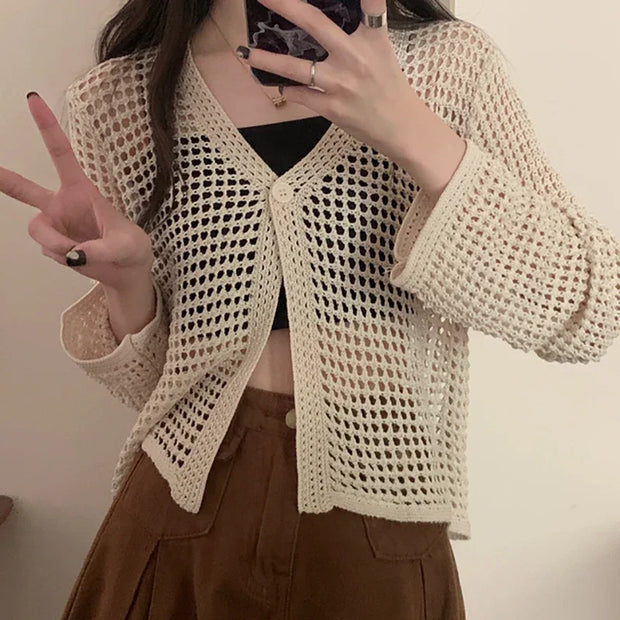 Women Solid Casual Loose Beach Tops Sexy Hollow Out Knit Shirt V-Neck Long Sleeved Cardigan T-shirt Women Spring Summer